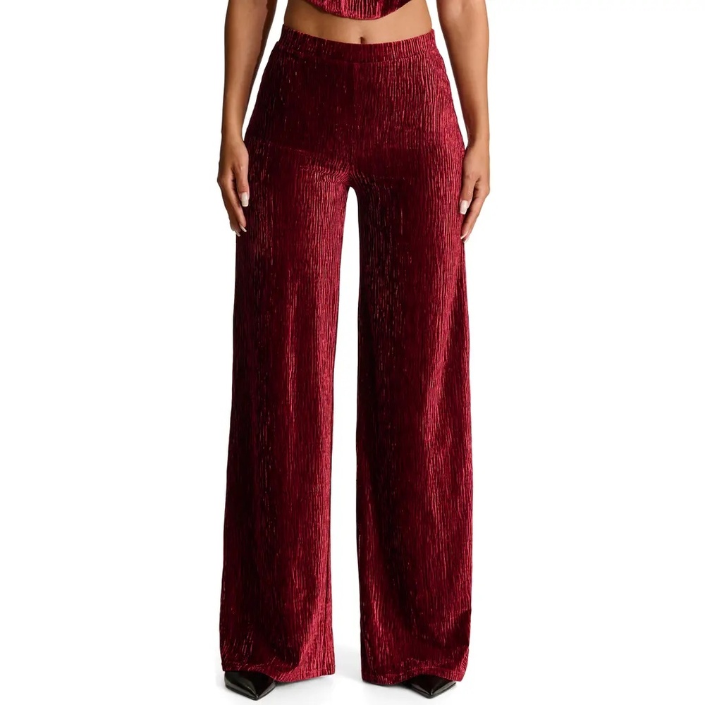 Naked Wardrobe Wine Red Velvet Wide-Leg Pants
